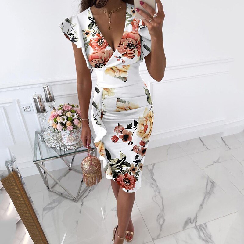 Dressia - vestido con mangas de volantes y escote en V